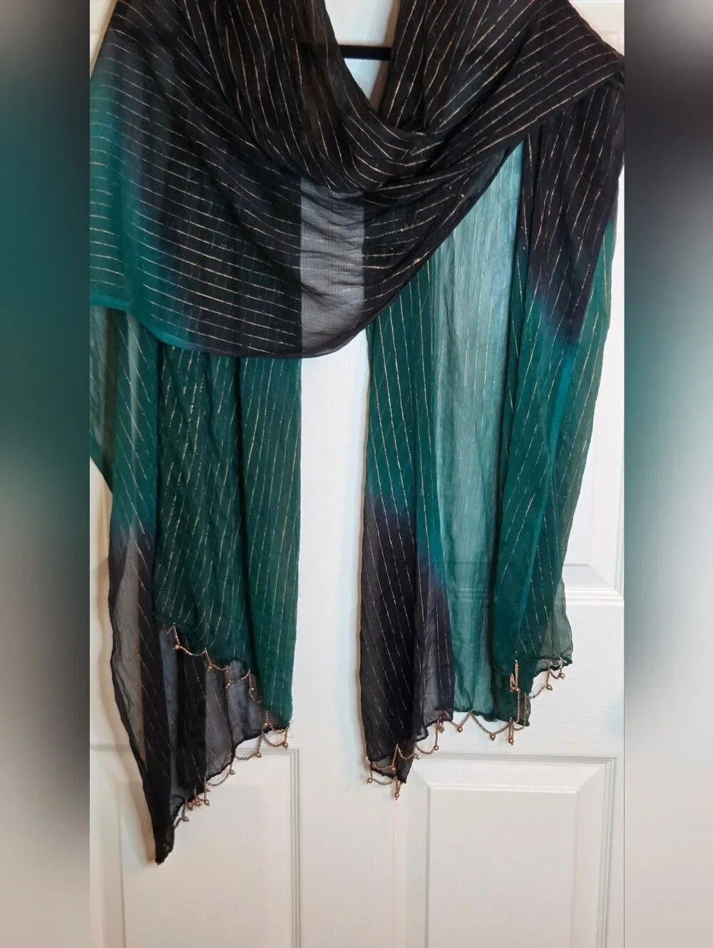 Unbranded Green and Black Sheer Boho Showl Scarf Metallic Pinstripes 32